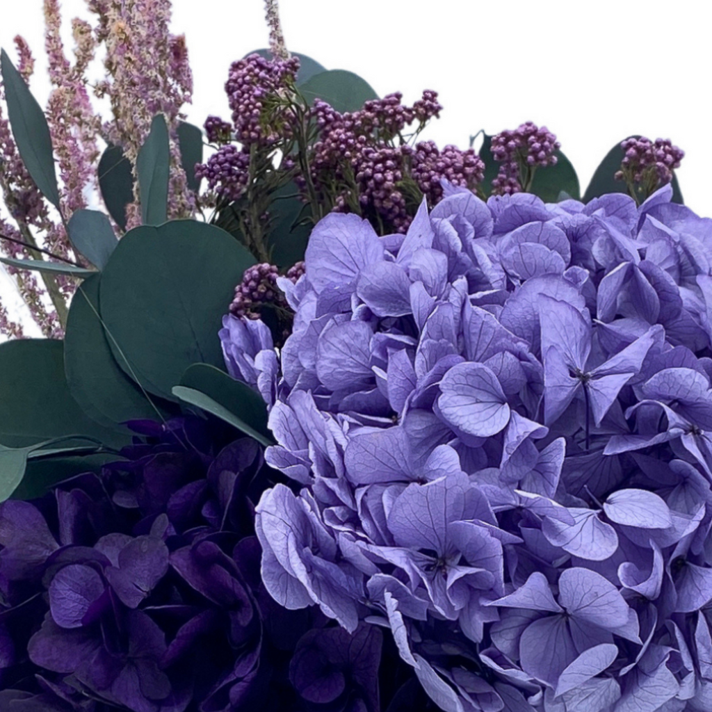 Bouquet de fleurs séchées et stabilisées violet, avec eucalyptus et hortensias. Marque française.