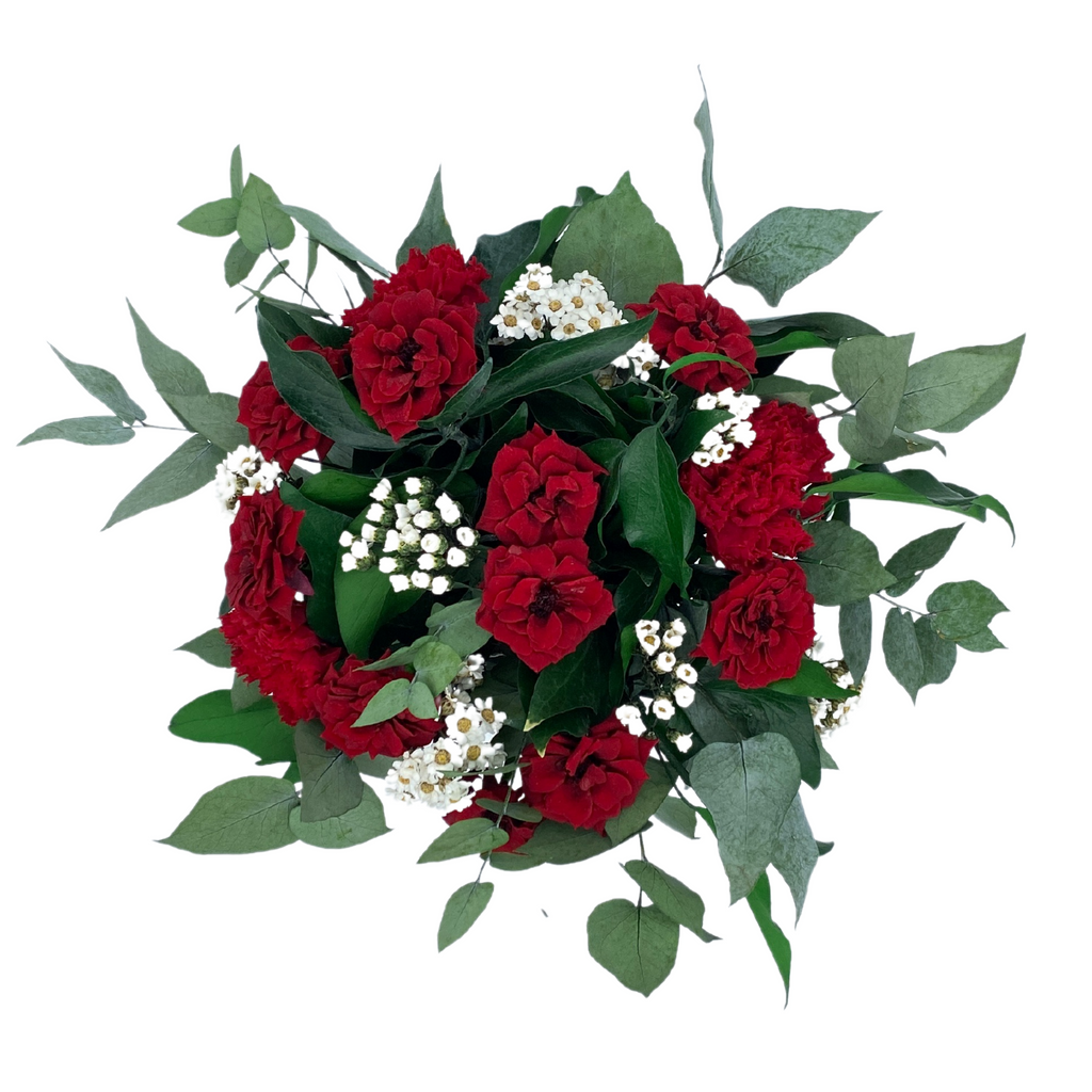 BALSAME - Bouquet de fleurs stabilisées rouge et blanc, avec eucalyptus, roses des champs et ixodia. Marque française.