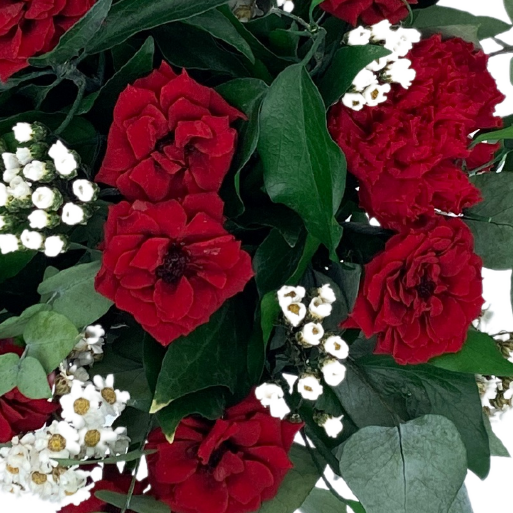 Bouquet de fleurs stabilisées rouge et blanc, avec eucalyptus, roses des champs et ixodia. Marque française.