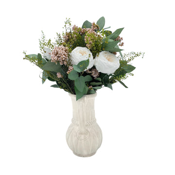 BALSAME - Bouquet de fleurs stabilisées blanc, rose et vert, avec eucalyptus et roses. Marque française.
